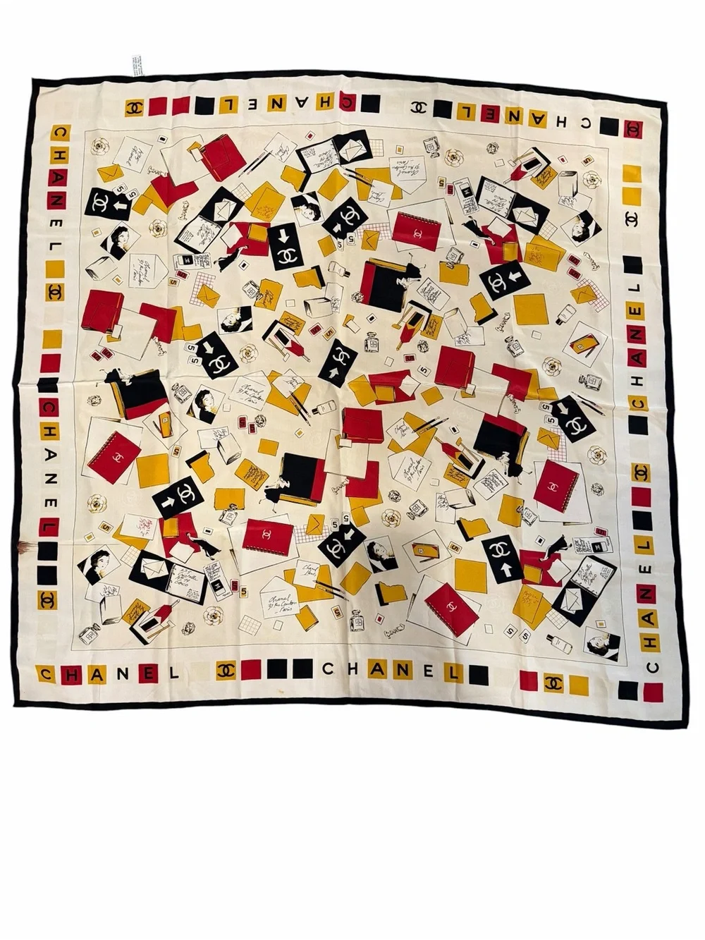 CHANEL Cream Silk Scarf with Red, Black & Yellow Motifs
